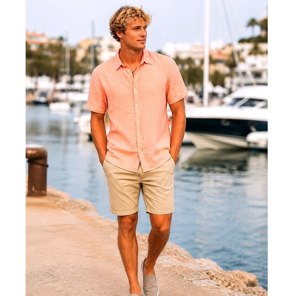 Perry Ellis Linen Shirt Mens Peach Short Sleeve Collared Button Down XL Cool Air